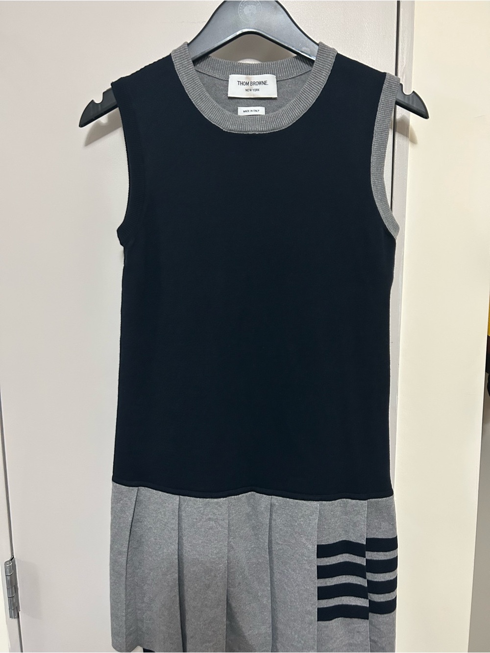 Thom Browne Navy Grey 4-Bar Sleeveless Pleated Knit Mini Dress IT 40 US 4